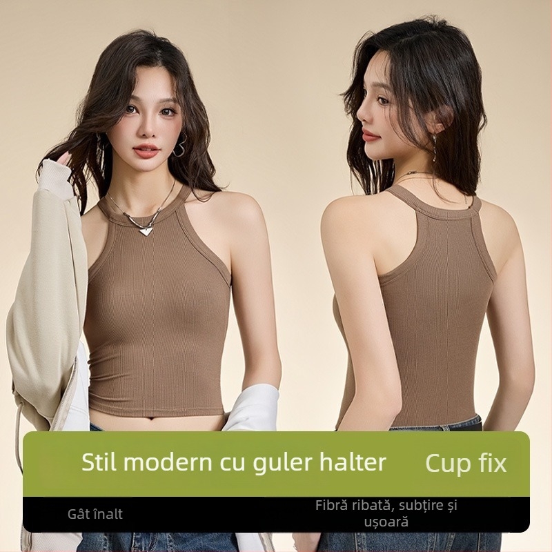Top halter cu perne din bumbac; material: viscoză (95-100%); guler rotund; greutate țesut: moderată (181-200 g/m²); stil: halter, versatil