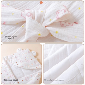 Pătură pentru bebeluși cu glugă, din bumbac 100%, antibacterian 7A, model animale și desene animate, pentru nou-născuți