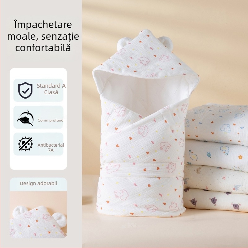 Pătură pentru bebeluși cu glugă, din bumbac 100%, antibacterian 7A, model animale și desene animate, pentru nou-născuți