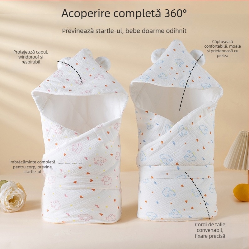 Pătură pentru bebeluși cu glugă, din bumbac 100%, antibacterian 7A, model animale și desene animate, pentru nou-născuți