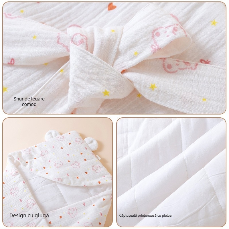 Pătură pentru bebeluși cu glugă, din bumbac 100%, antibacterian 7A, model animale și desene animate, pentru nou-născuți