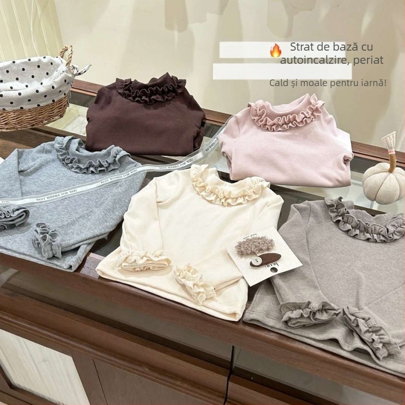 Tricou pentru copii cu mânece lungi din bumbac plușat, stil coreean, guler rotund, păstrează căldura, pentru copii 3–8 ani