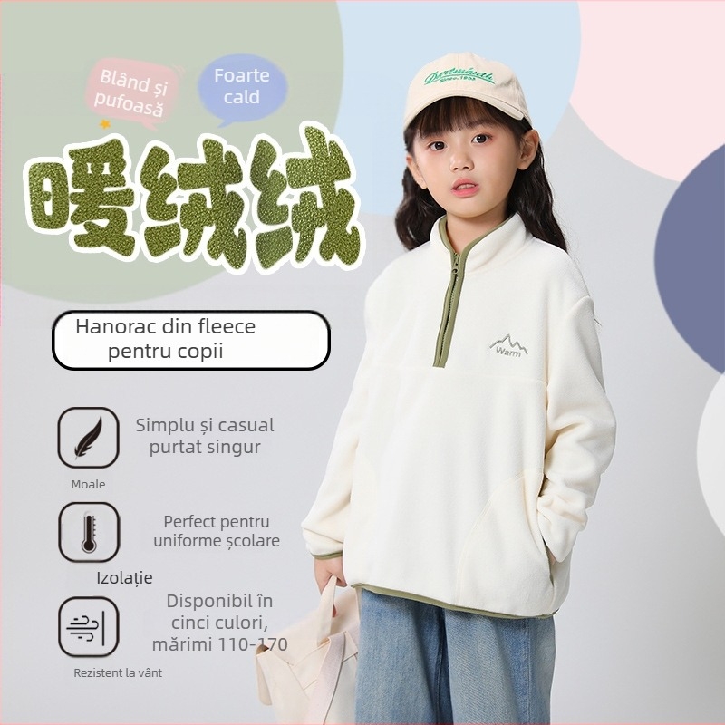 Pulover fleece pentru copii, unisex, mâneci lungi, fără glugă, material fleece cu căptușeală din poliester, potrivit pentru toamnă, iarnă și primăvară