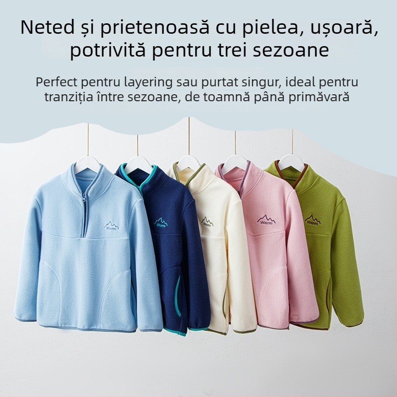 Pulover fleece pentru copii, unisex, mâneci lungi, fără glugă, material fleece cu căptușeală din poliester, potrivit pentru toamnă, iarnă și primăvară
