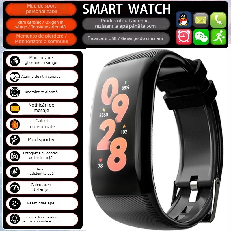 Smartwatch cu numărătoare pași și monitorizare ritm cardiac (Brand: Zealcandor; Curea: silicon; Carcasă: plastic; Funcții: numărătoare pași, monitorizare ritm cardiac)