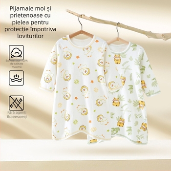 Costum de pijama din bumbac pentru bebeluși, mâneci lungi, protecție a burții, sex neutru, 0–12 luni (până la 80 cm), 100% bumbac, primăvară–toamnă