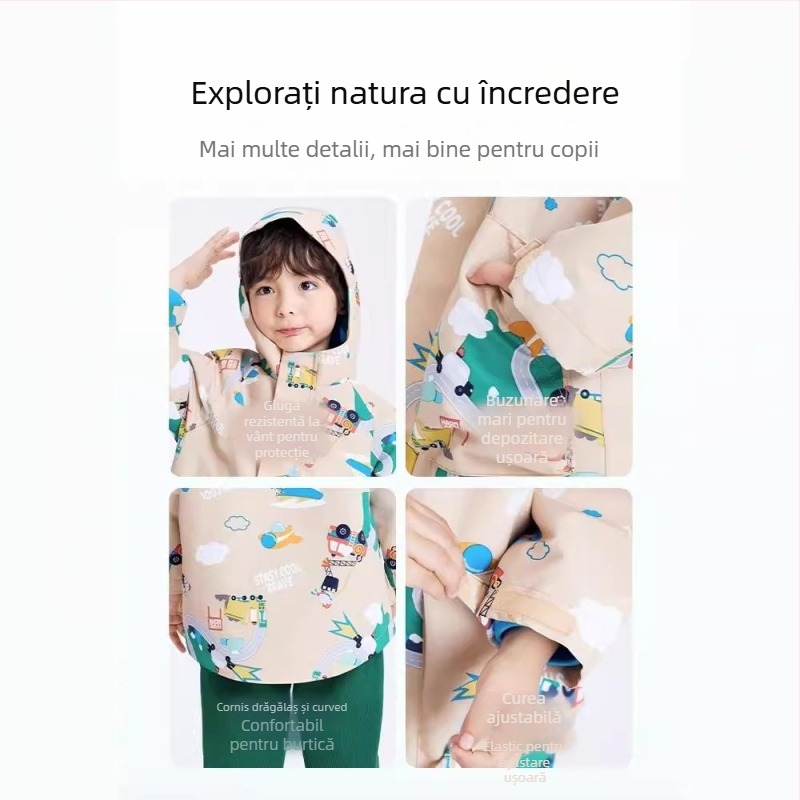 Jachetă de drumeții pentru copii – set în două părți, impermeabil până la 1000 mm, încălzită cu căptușeală din poliester, rezistent la vânt, glugă detașabilă, material nylon, model Cartoon, pentru vârsta 3–4 ani (impermeabil până la 1000 mm, căptușeală din