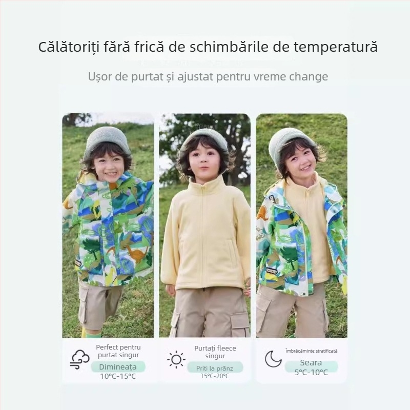 Jachetă de drumeții pentru copii – set în două părți, impermeabil până la 1000 mm, încălzită cu căptușeală din poliester, rezistent la vânt, glugă detașabilă, material nylon, model Cartoon, pentru vârsta 3–4 ani (impermeabil până la 1000 mm, căptușeală din