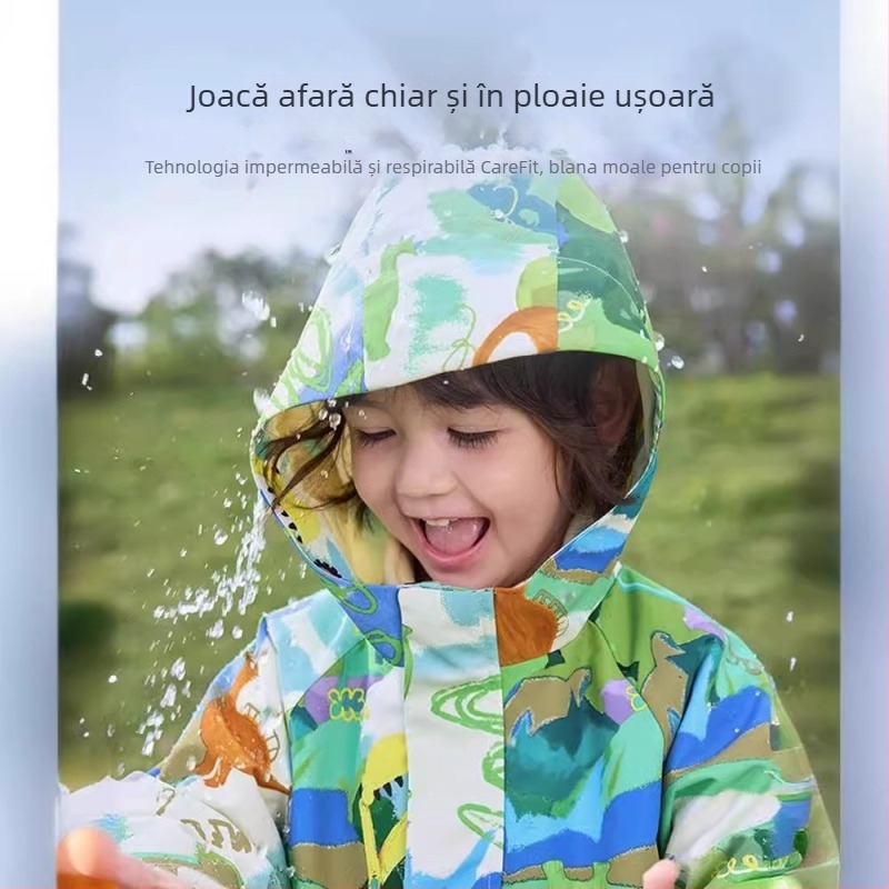 Jachetă de drumeții pentru copii – set în două părți, impermeabil până la 1000 mm, încălzită cu căptușeală din poliester, rezistent la vânt, glugă detașabilă, material nylon, model Cartoon, pentru vârsta 3–4 ani (impermeabil până la 1000 mm, căptușeală din
