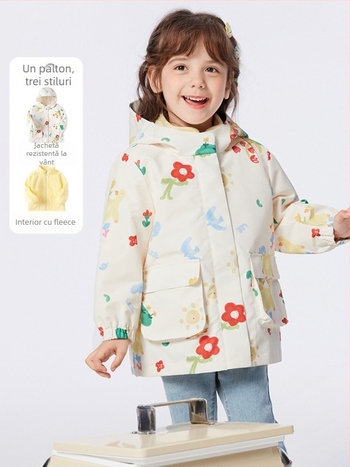 Set din două piese de jachetă din fleece, unisex, cu glugă – imprimeu camuflaj, material poliester cu căptușeală, pentru copii 3–8 ani, păstrează căldura și protejează de vânt