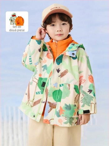 Set din două piese de jachetă din fleece, unisex, cu glugă – imprimeu camuflaj, material poliester cu căptușeală, pentru copii 3–8 ani, păstrează căldura și protejează de vânt