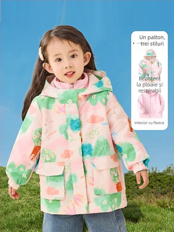 Set din două piese de jachetă din fleece, unisex, cu glugă – imprimeu camuflaj, material poliester cu căptușeală, pentru copii 3–8 ani, păstrează căldura și protejează de vânt