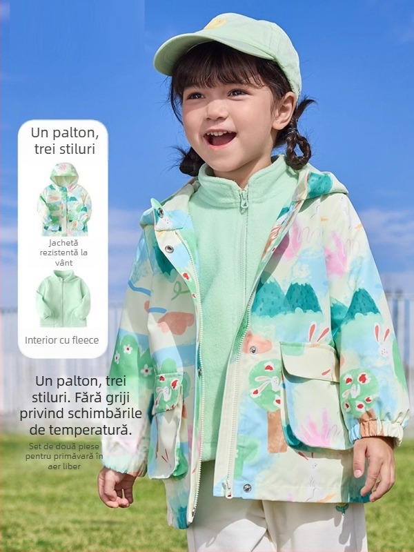 Set din două piese de jachetă din fleece, unisex, cu glugă – imprimeu camuflaj, material poliester cu căptușeală, pentru copii 3–8 ani, păstrează căldura și protejează de vânt