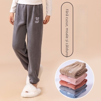 Pantaloni de pijama pentru copii, căptușiți cu velur coral, groși și calzi, croială lejeră cu manșete, pentru toamnă-iarnă, 3–8 ani, model desen animat, poliester.