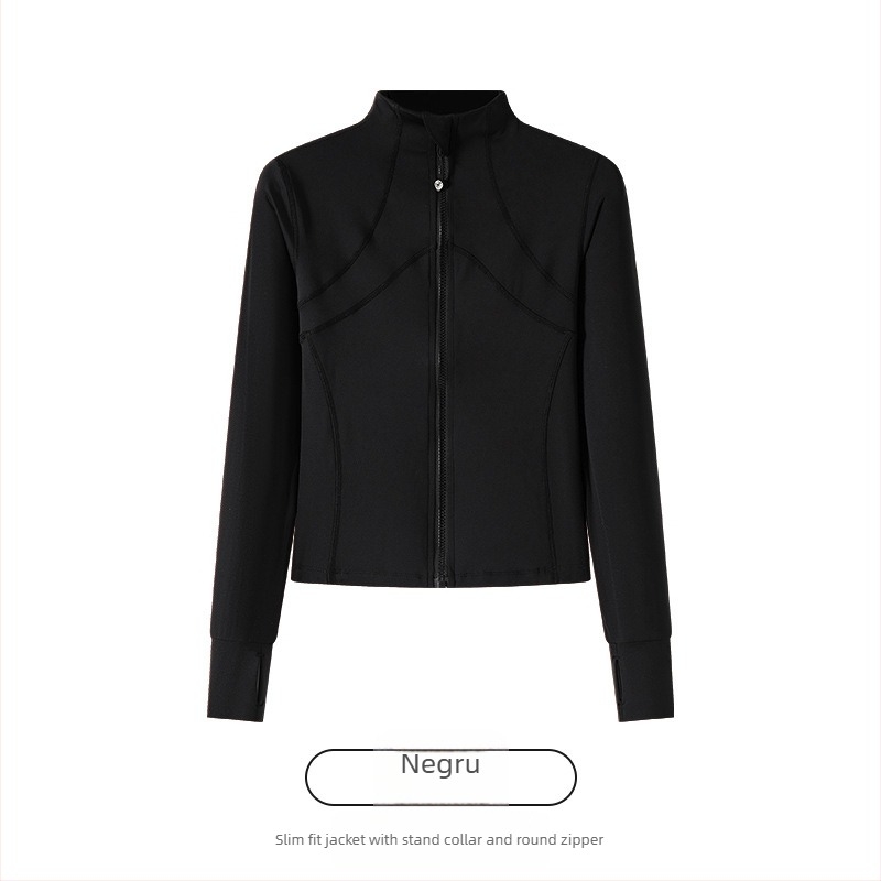 Geacă sport feminină din nailon-spandex, croială slim, guler înalt cu fermoar, mâneci lungi, lungime 50–65 cm