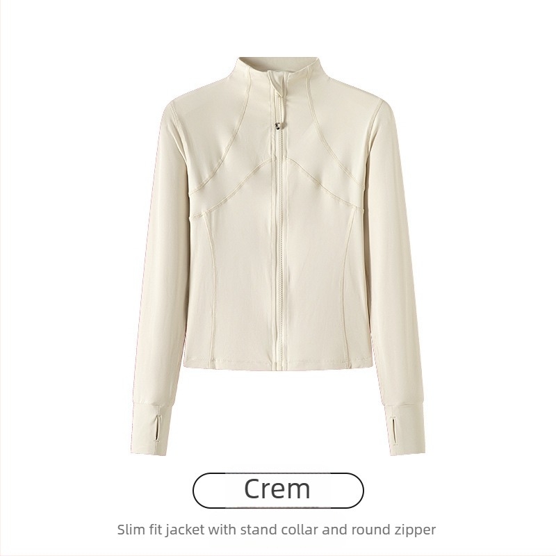 Geacă sport feminină din nailon-spandex, croială slim, guler înalt cu fermoar, mâneci lungi, lungime 50–65 cm