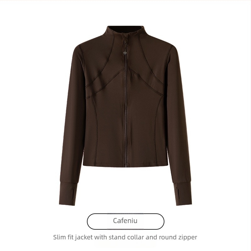 Geacă sport feminină din nailon-spandex, croială slim, guler înalt cu fermoar, mâneci lungi, lungime 50–65 cm