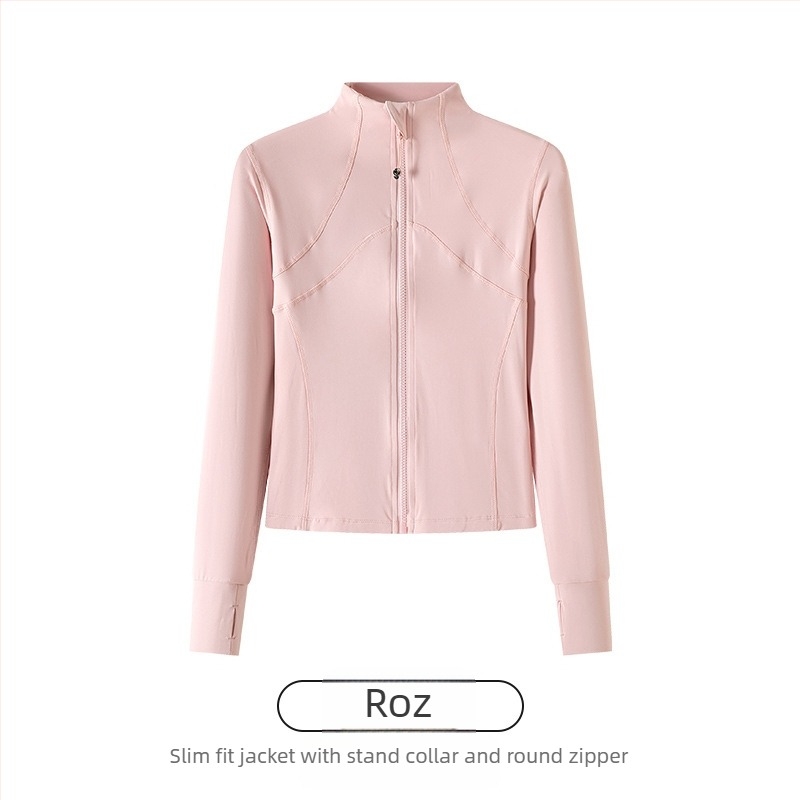 Geacă sport feminină din nailon-spandex, croială slim, guler înalt cu fermoar, mâneci lungi, lungime 50–65 cm