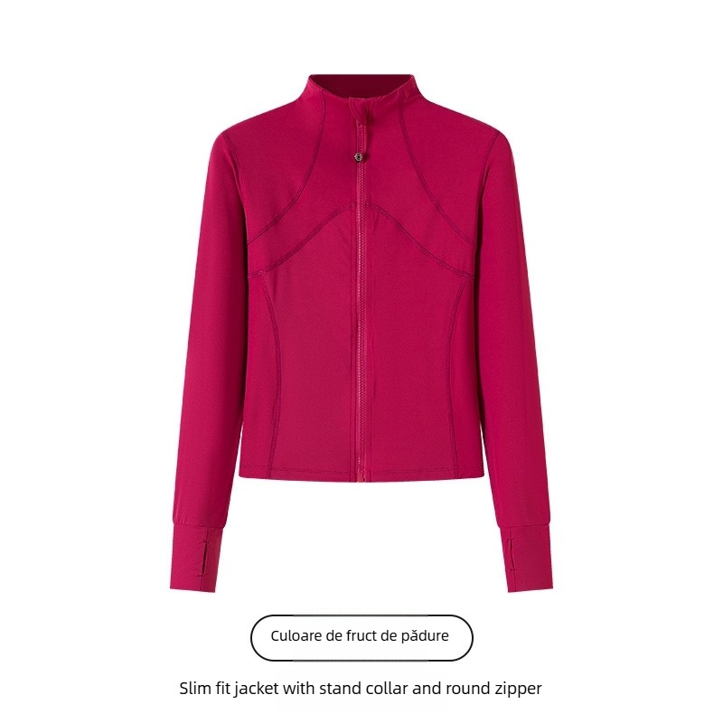 Geacă sport feminină din nailon-spandex, croială slim, guler înalt cu fermoar, mâneci lungi, lungime 50–65 cm