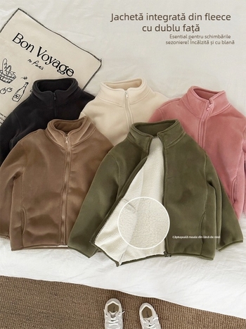 Geacă de iarnă pentru copii, căptușeală din fleece, stil coreean, închidere cu fermoar, lungime scurtă, material poliester