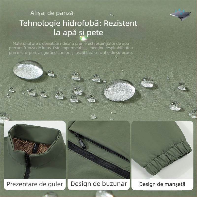Jachetă de lucru cu glugă, guler înalt, închidere cu fermoar, exterior din lână, căptușeală poliester, logo brodat