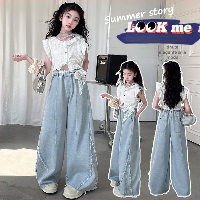 Set de două piese pentru fete, din bumbac, stil coreean, 70% bumbac, vara 2025