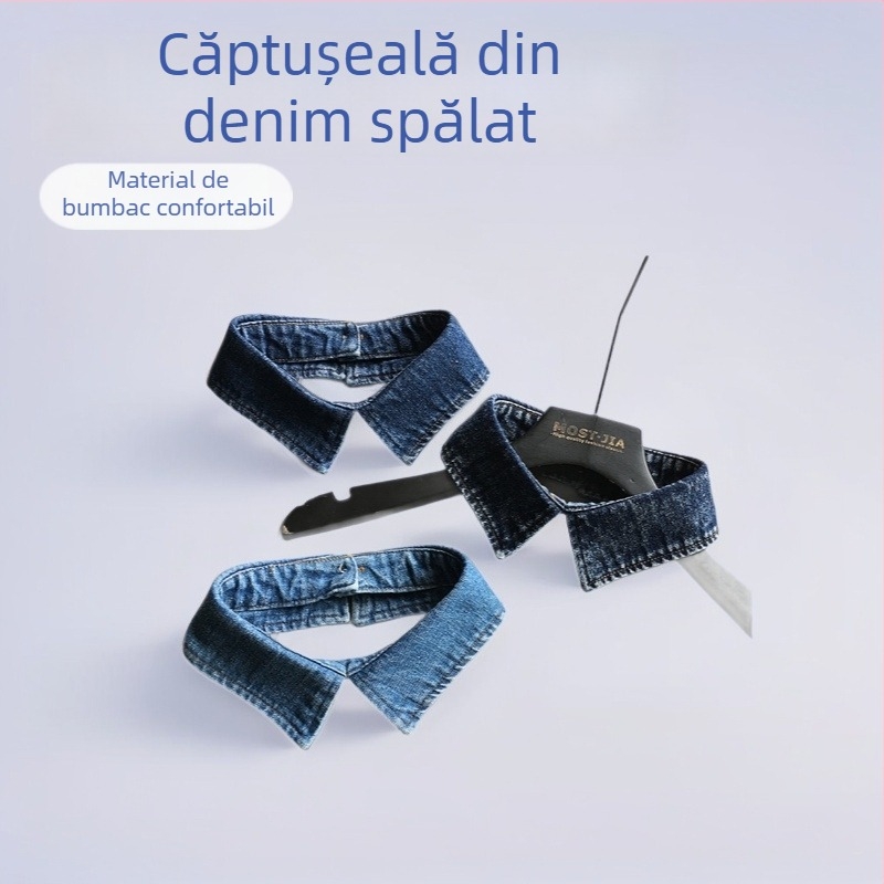 Pulover din bumbac cu guler decorativ fals - Stil coreean, model solid, căptușeală din bumbac, Iarnă 2025