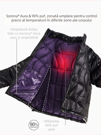 Geacă de puf pentru bărbați, ușoară, cu guler înalt, pliabilă, 86–90% puf, exterior din nylon