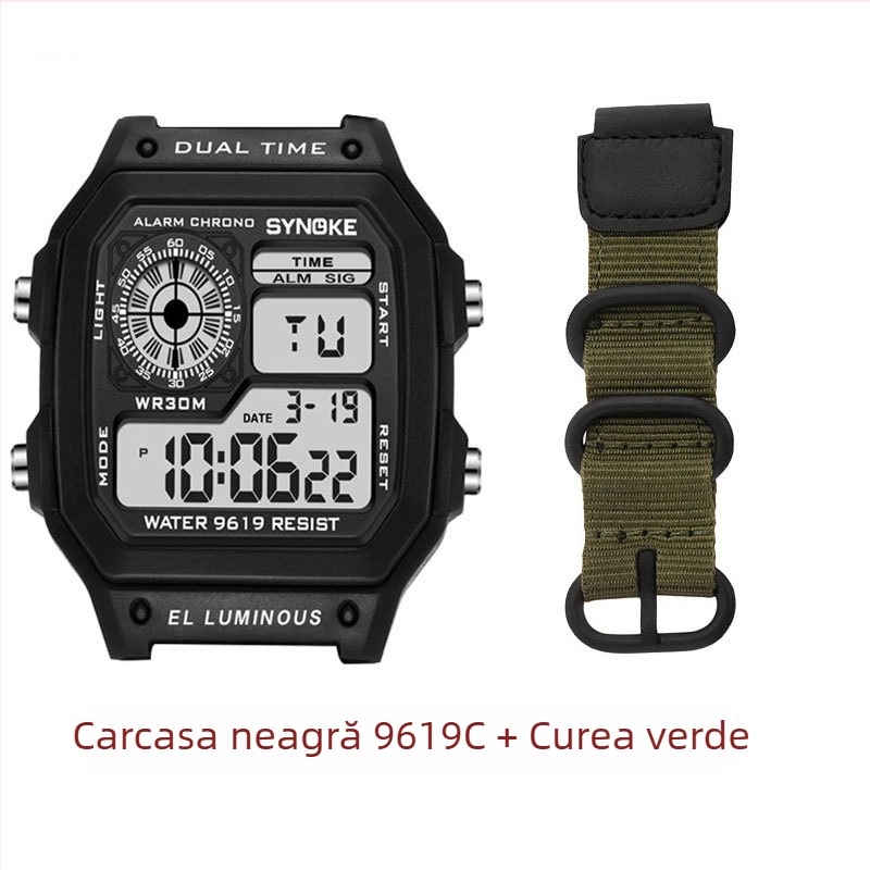 Ceas electronic cu curea din nylon canvas, cataramă cu trei inele, afișaj digital, mișcare S006, rezistență la apă 30 m