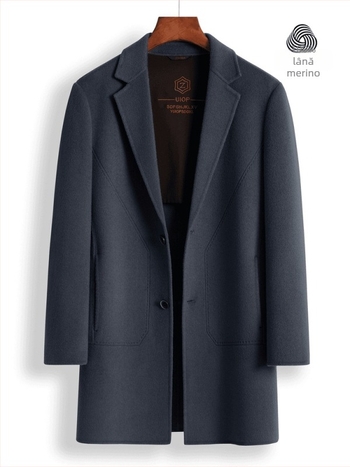 Palton din lână dublu-față, stil coreean, croială lejeră, nasturi pe față, guler stil costum, buzunare laterale, model uni, toamna 2023