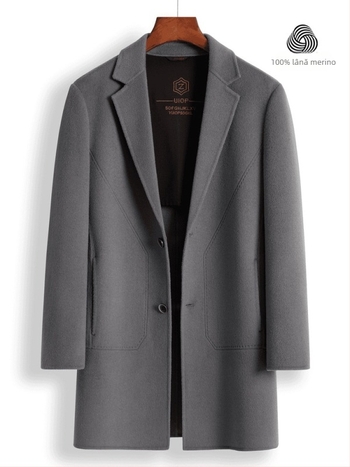 Palton din lână dublu-față, stil coreean, croială lejeră, nasturi pe față, guler stil costum, buzunare laterale, model uni, toamna 2023