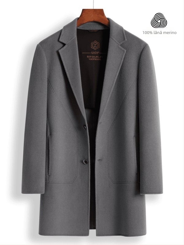 Palton din lână dublu-față, stil coreean, croială lejeră, nasturi pe față, guler stil costum, buzunare laterale, model uni, toamna 2023