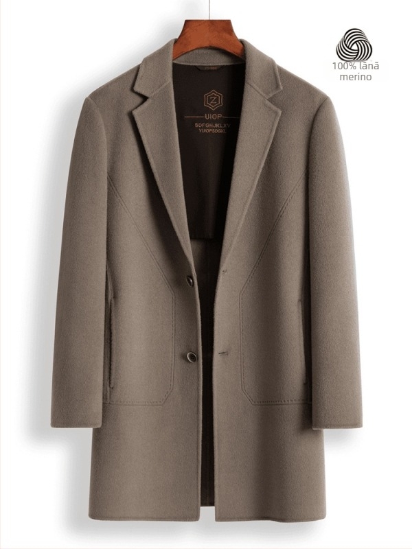 Palton din lână dublu-față, stil coreean, croială lejeră, nasturi pe față, guler stil costum, buzunare laterale, model uni, toamna 2023