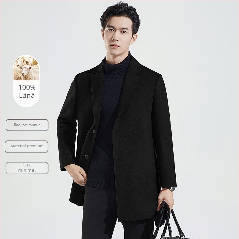 Palton din lână dublu-față, stil coreean, croială lejeră, nasturi pe față, guler stil costum, buzunare laterale, model uni, toamna 2023