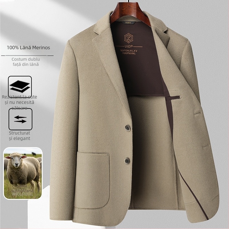 Palton bărbătesc din lână dublu-față, lână 96%+, nasturi la un rând, croială ajustată, culoare uni
