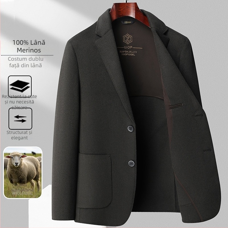 Palton bărbătesc din lână dublu-față, lână 96%+, nasturi la un rând, croială ajustată, culoare uni
