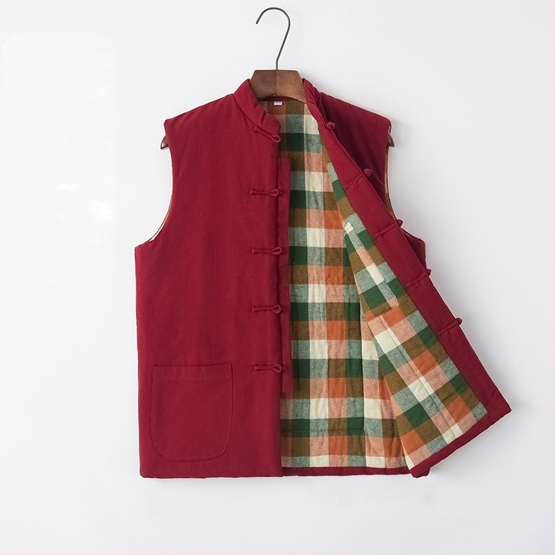 Vesta din bumbac cu umplutură de bumbac, stil chinezesc, croială lejeră, umplutură groasă, țesătură din bumbac