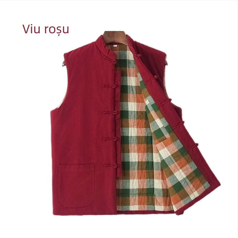 Vesta din bumbac cu umplutură de bumbac, stil chinezesc, croială lejeră, umplutură groasă, țesătură din bumbac