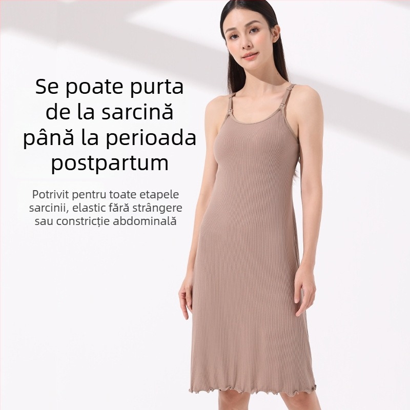Rochie de alăptare de vară cu bretele subțiri și perne pentru sânuri; piesă lejeră de noapte postpartum, potrivită și ca haină exterioară.
