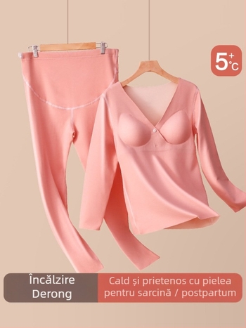 Lenjerie termică pentru gravide cu deschidere pentru alăptare, căptușită cu fleece, top cu mânecă lungă și pantaloni, poliester 90–95%