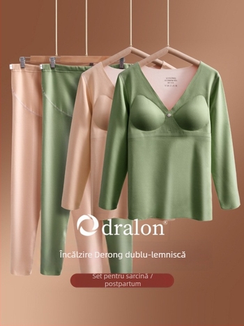 Lenjerie termică pentru gravide cu deschidere pentru alăptare, căptușită cu fleece, top cu mânecă lungă și pantaloni, poliester 90–95%