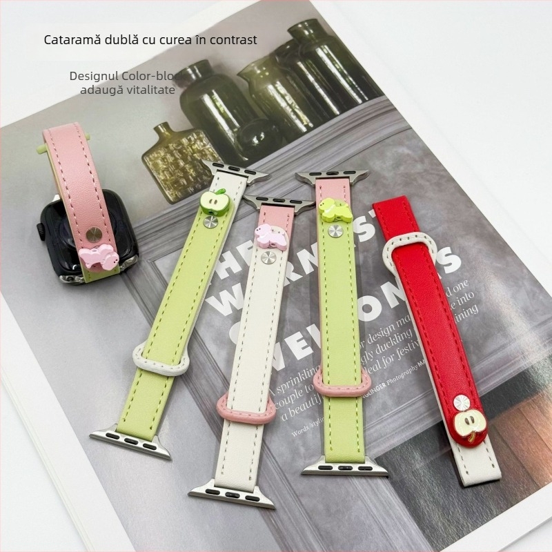 Brățară din piele pentru Apple Watch – curea cu blocuri de culoare, cataramă dublă, subțire, la modă, vară, pentru femei
