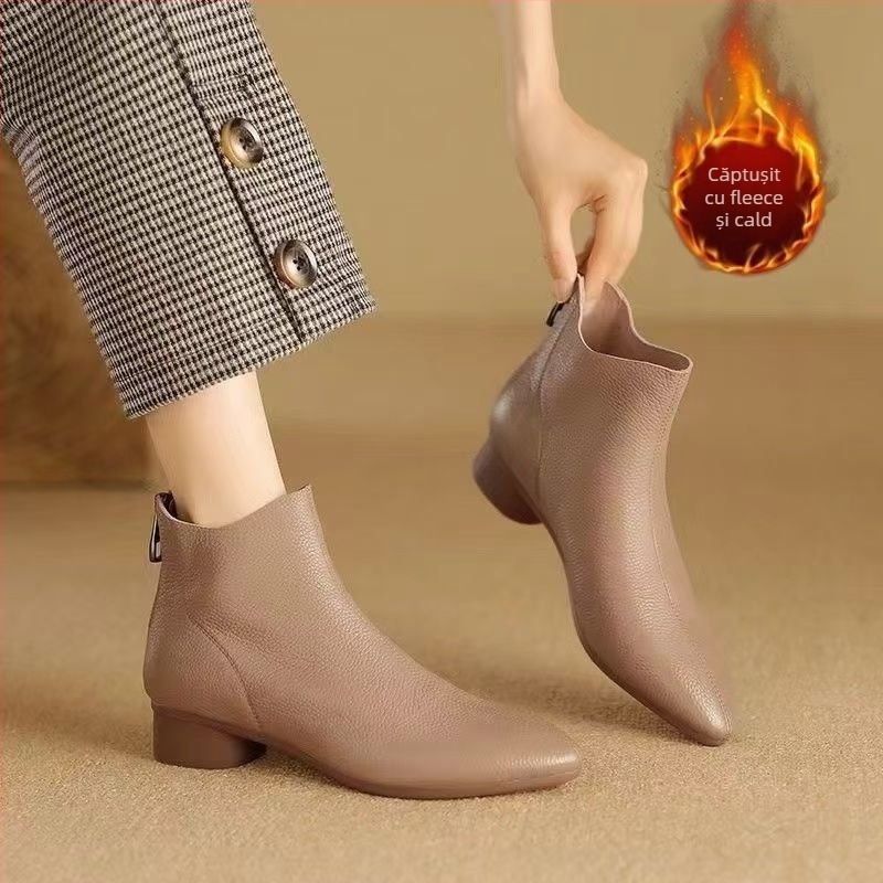 Ghete de damă moderne cu vârf ascuțit, toc gros, peste genunchi, fermoar pe spate, căptușeală din lână de oaie