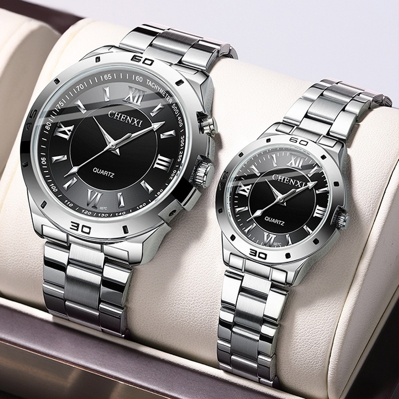 Ceas pentru cuplu cu mecanism quartz luminos, rezistent la apă 30M, brățară din oțel inoxidabil, carcasă din aliaj, model CX-027B
