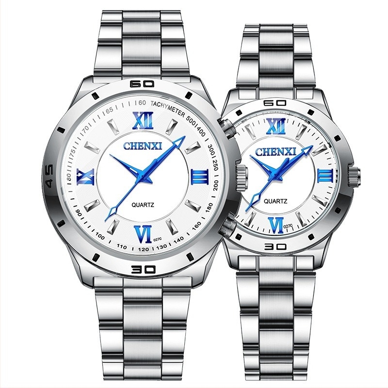 Ceas pentru cuplu cu mecanism quartz luminos, rezistent la apă 30M, brățară din oțel inoxidabil, carcasă din aliaj, model CX-027B