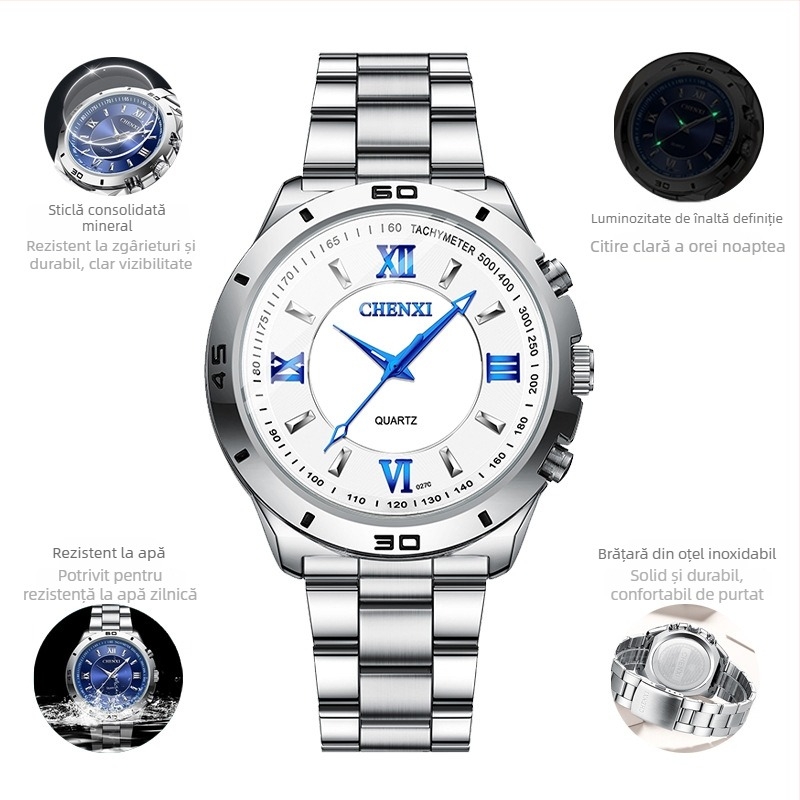 Ceas pentru cuplu cu mecanism quartz luminos, rezistent la apă 30M, brățară din oțel inoxidabil, carcasă din aliaj, model CX-027B