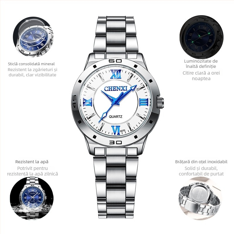 Ceas pentru cuplu cu mecanism quartz luminos, rezistent la apă 30M, brățară din oțel inoxidabil, carcasă din aliaj, model CX-027B