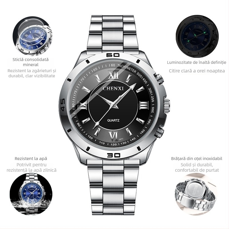 Ceas pentru cuplu cu mecanism quartz luminos, rezistent la apă 30M, brățară din oțel inoxidabil, carcasă din aliaj, model CX-027B