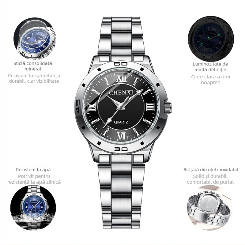 Ceas pentru cuplu cu mecanism quartz luminos, rezistent la apă 30M, brățară din oțel inoxidabil, carcasă din aliaj, model CX-027B