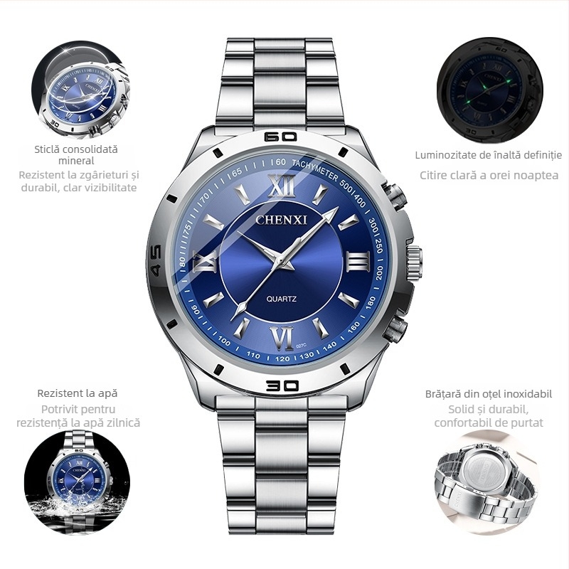 Ceas pentru cuplu cu mecanism quartz luminos, rezistent la apă 30M, brățară din oțel inoxidabil, carcasă din aliaj, model CX-027B